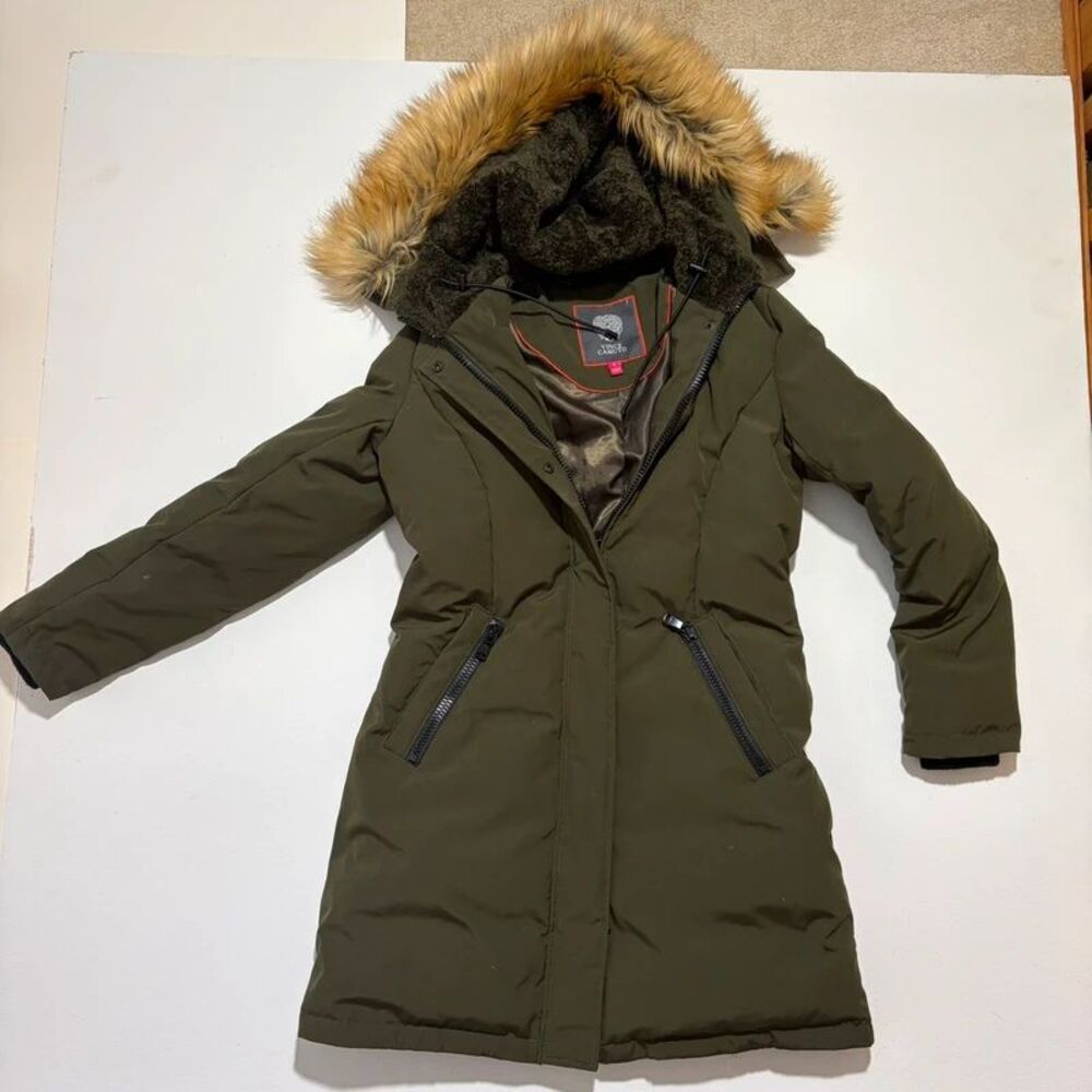 Vince Camuto Olive Green Down Jacket size Small with faux fur hood